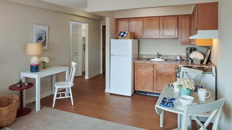 Kitchenette of a senior apartment at American House East II, a retirement community in Roseville, Michigan